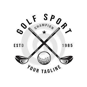 Retro vintage golf, professional golf ball logo template design, golf championship, badge or icon with crossed golf clubs and ball