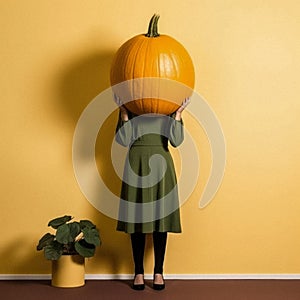 retro vintage grainy old-fashioned photo of a girl with a pumpkin instead of a head, against the old yellowish wall . halloween