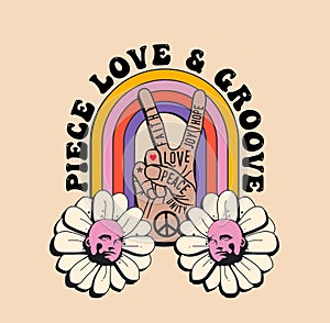 Retro vintage groovy styled poster or t-shirt print design template with peace hand gesture and rainbow and flowers isolated on