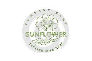 Retro Vintage Hand Drawn Sunflower Badge Emblem Label Logo Design