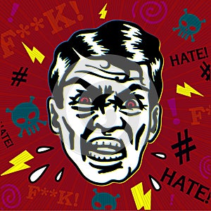 Retro vintage hater man with angry face swearing, yelling and insulting with rage