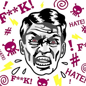 Retro vintage hater man insulting and swearing with angry face