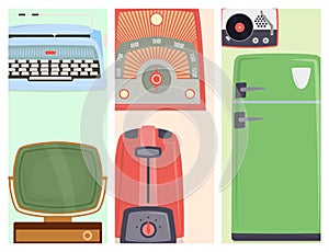 Retro vintage household appliances kitchenware antique cards design technology utensil vector illustration.