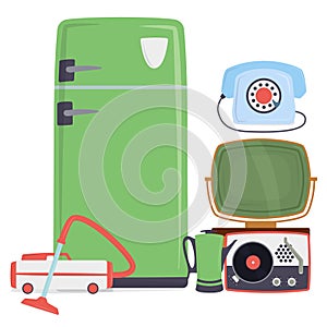 Retro vintage household appliances kitchenware antique technology utensil vector illustration.