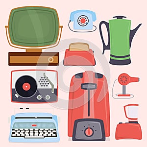 Retro vintage household appliances kitchenware antique technology utensil vector illustration.