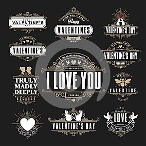 Retro Vintage Insignias or Logotypes set for Valentines day. Vector tags, calligraphic and typographic elements, signs, logos, la