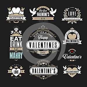 Retro Vintage Insignias or Logotypes set for Valentines day. Vector tags, calligraphic and typographic elements, signs, logos, la