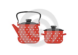 Retro, vintage kettle and pot on white background. Vector illustration