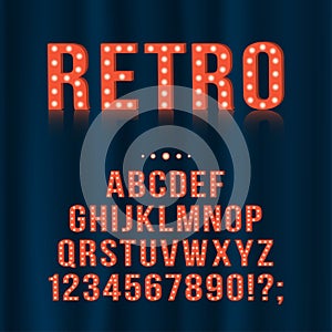 Retro, vintage light bulb alphabet letters and numbers for signboards, movie, theatre, casino