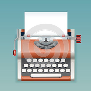 Retro Vintage Manual Typewriter with Blank Paper Sheet Writer Mass Media Press Journalist Icon Realistic 3d Flat Design