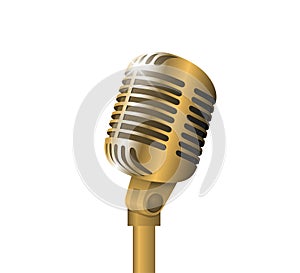 Retro vintage metal microphone on stand on white background. Mic with flare. Music, voice, record icon. Recording studio