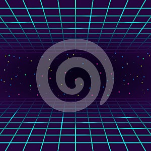 Retro vintage neon grid horizon of the 80s and 90s. Banner for printing night disco parties.