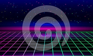 Retro vintage neon grid horizon of the 80s and 90s. Banner for printing night disco parties photo