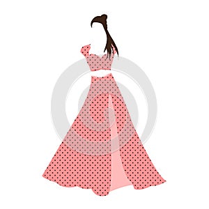 Retro vintage pink polka dot dress isolated on white background. Flowing untied hair.