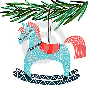 Retro vintage Scandinavian graphic lovely winter holiday new year collage pattern Christmas tree toys and rocking horse vector