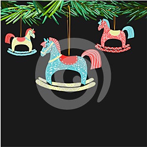 Retro vintage Scandinavian graphic lovely winter holiday new year collage pattern Christmas tree toys and rocking horse vector