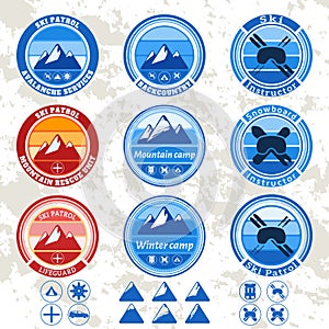 Retro vintage set of badges and labels on the theme of mountains, ski patrol