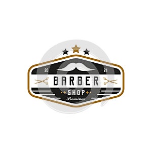Retro Vintage Style for Barber Shop Logo Design. With moustache, and scissors icons