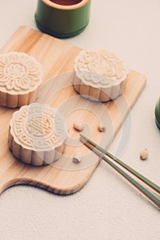 Retro vintage style Chinese mid autumn festival foods. Tradition