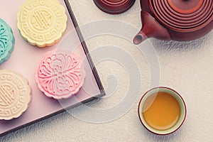 Retro vintage style Chinese mid autumn festival foods. Tradition