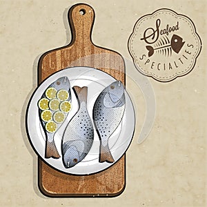 Retro vintage style Fish specialties with Cutting Board.
