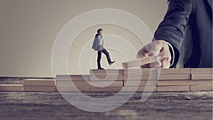 Retro vintage style image of a business person walking up steps