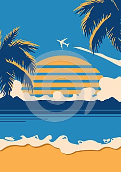 Retro vintage style summer poster with palm trees sea in the setting sun