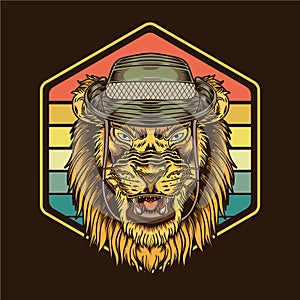 Retro Vintage Sunset Lion Wearing Safari Hats Illustration