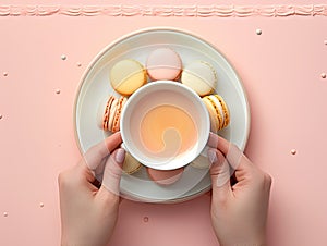 Retro vintage top view on woman girl hands holding a milk tea cup with macaroons on a saucer, made in pink hallmark