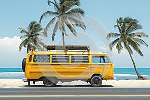 Retro vintage travelling bus van on the beach driving along the road by the sea