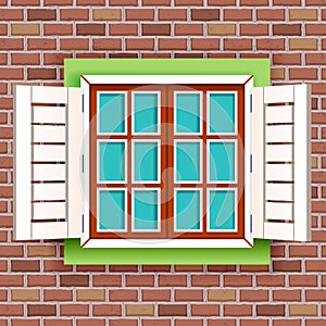 Retro vintage wooden window on red raw brick wall seamless pattern background decoration vector illustration