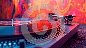 Retro vinyl dj turntable with vibrant psychedelic background