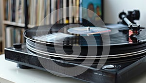 Retro vinyl record player. AI generated.
