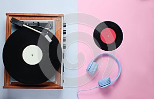 Retro vinyl record player, headphones