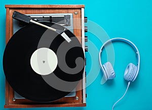 Retro vinyl record player, headphones