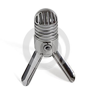 Retro vocal microphone vintage style with tripod isolated on white background