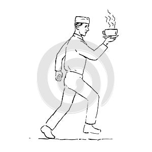 Retro Waiter Running Serving Coffee Drawing
