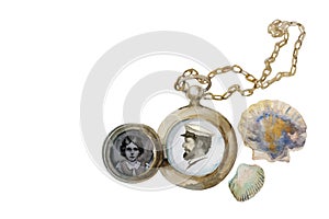 Retro watercolor double side opened locket with portraits of couple in style of end XIX century. Romantic concept of love memories photo