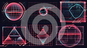 A retro wave aesthetic poster set with a red wireframe torus, globe on a black background, and a retro futuristic vibe