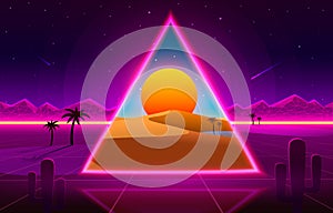 Retro wave Desert neon cover with oasis and palm trees. Nature background. Vector