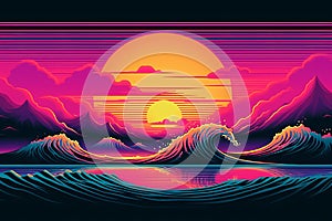 Retro wave Landscape with Sunset, 80\'s retro synthase color design. Ocean wave, generative ai.