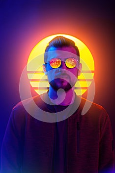 Retro wave synth vapor wave portrait of a young man in sunglasses