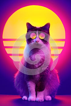 Retro wave synth vaporwave portrait of a cat in sunglasses with palm trees reflection