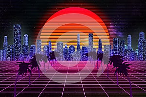 Retro wave, synthwave or vaporwave skyline scenery or landscape at night with starry sky and sun. 3d rendering abstract photo