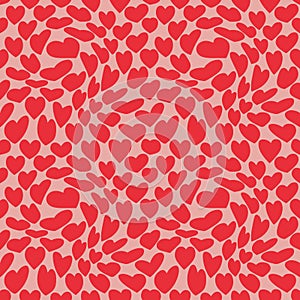 Retro Wavy Pattern with Red Hearts on Pink Background. Groovy Hippie Psychedelic Seamless Pattern for Valentine's