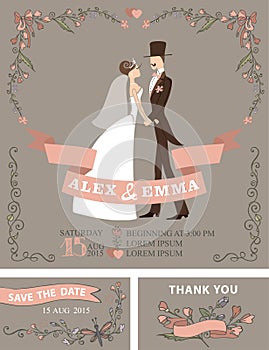 Retro wedding invitation set.Bride,groom,floral