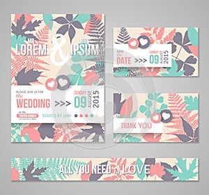 Retro wedding invitations with forest leaves