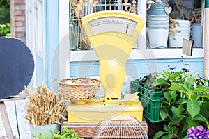 Retro weight scales in outdoor market. Showcase of an street shop with retro vintage balance scales with fruits.