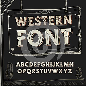 Retro western font. Vector alphabet on dark background