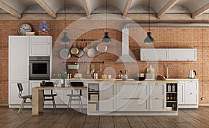 Retro white kitchen in a old interior with brick wall